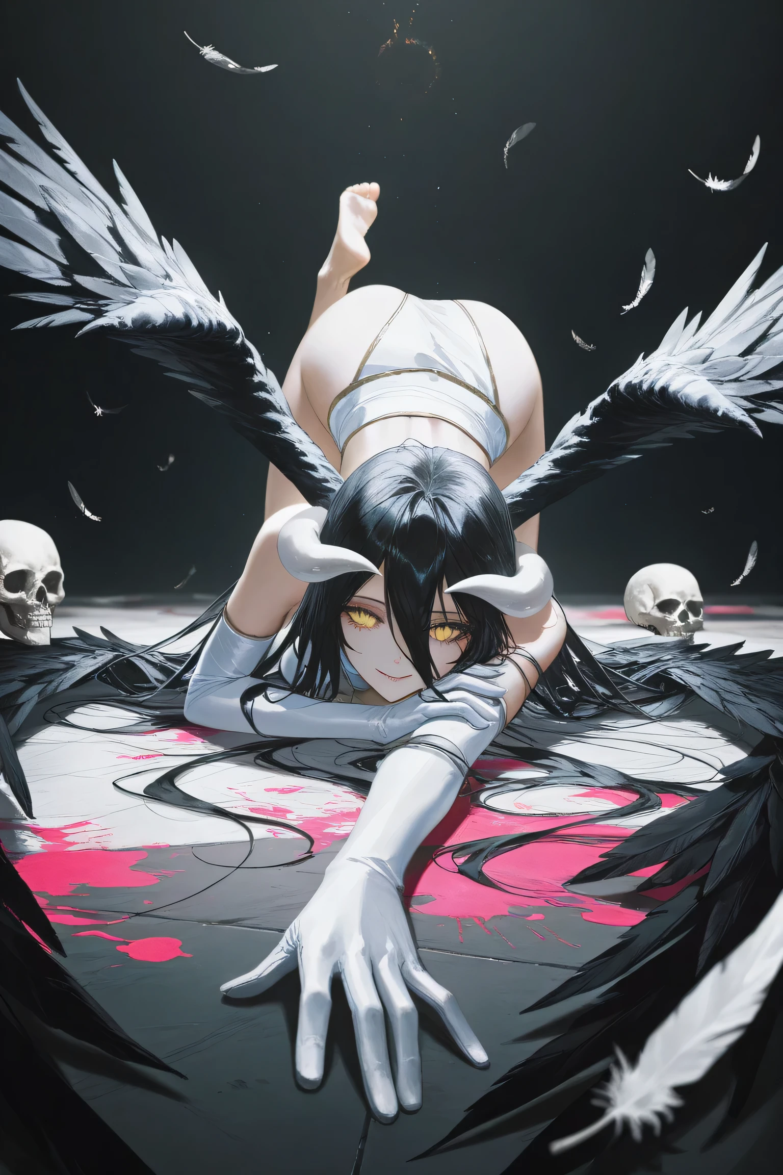 (artist: quasarcake:0.8),depth of field,extreme aesthetic,(wlop:0.6),wanke,rella,wanke,masterpiece,best quality,good quality,newest,year 2024,year 2023,very aesthetic,absurdres,Visual impact,perspective composition,A shot with tension,ultra-high resolution,32K UHD,sharp focus,best quality,masterpiece,Emotionalization masterpiece,unconventional supreme,masterful details,with a high end texture,in the style of fashion photography,(Visual impact:1.2),giving the poster a dynamic and visually striking appearance,impactful picture,offcial art,colorful,splash of color,movie perspective,masterpiece,best quality,amazing quality,very aesthetic,absurdres,best quality,newest,masterpiece,best quality,good quality,
1girl,albedo (overlord),horns,long hair,gloves,wings,yellow eyes,lying,solo,black hair,looking at viewer,barefoot,dress,demon girl,white gloves,hair between eyes,on stomach,demon horns,feathered wings,white dress,hip vent,bare shoulders,smile,skull,slit pupils,black wings,breasts,low wings,realistic,elbow gloves,feathers,demon wings,breasts,