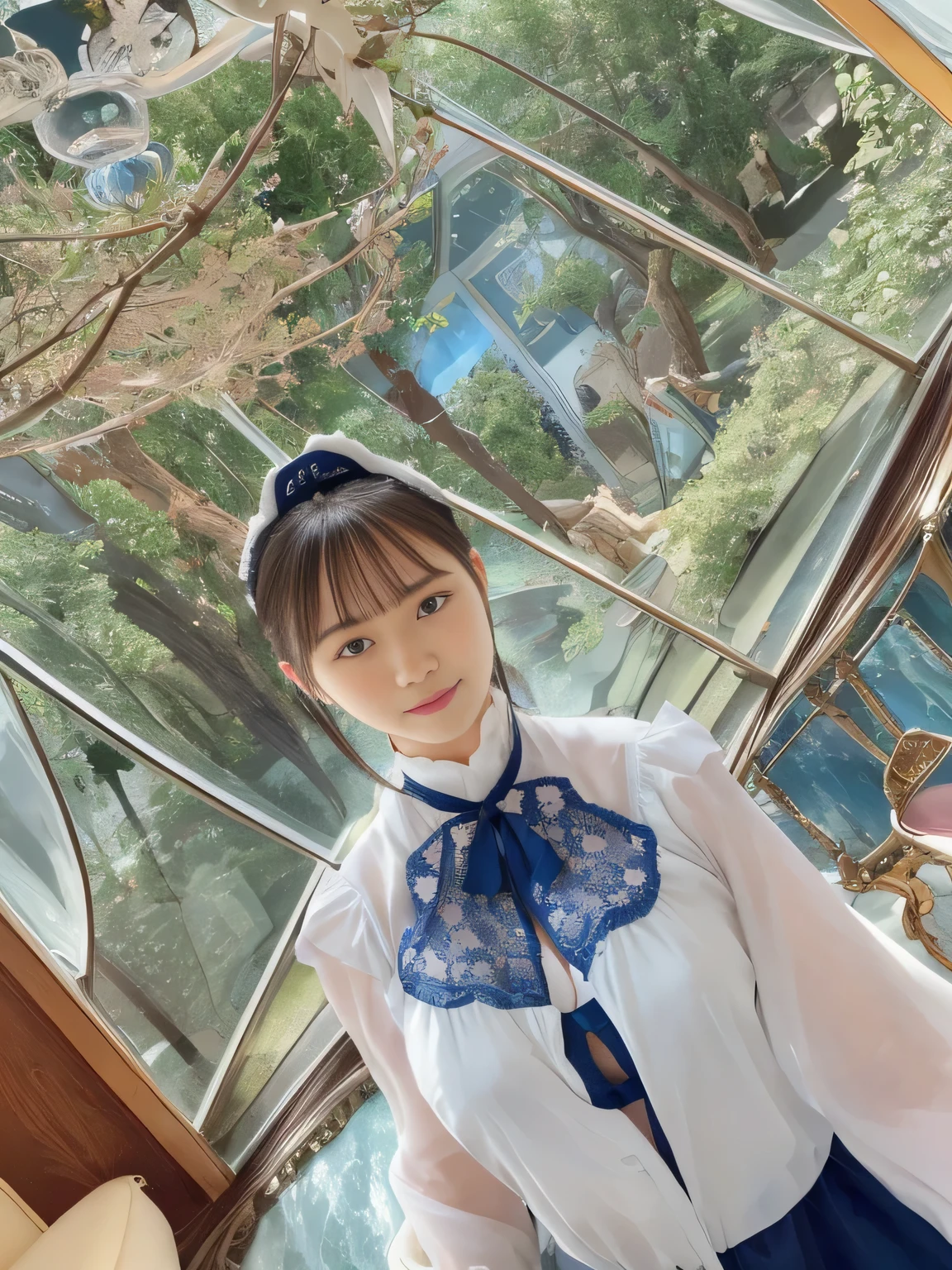 (((best image quality、highest resolution、Ultimate Masterpiece、8k)))、(((Detailed Faces)))(((cute face)))(((Baby Face)))(((Young contour)))(((Lovely Eyes and Nose)))、((( Blizzard 10 )))(((model body type)))(((Perfect Podiline)))、(((Big Breasts 2.0)))(((large cleavage by lapis lazuli 2.5)))(((nsfw)))(((Black Long Straight)))、(((blue and white edwardian maid outfitを着た女の子が一人3.0))) blue and white edwardian maid dress blue and white edwardian maid outfit Girl in Japan maid outfit Blue and white gothic maid outfit blue and white edwardian maid outfitの女の子 Large Ruffled Maid Headband (((Shining Holy Glass large shiny marble room Luxury furniture Lavishly Decorated Living Room))) large glass window Japan looking at the camera adorable smile ((( Dynamic pampering poses )))((( Angle from waist up )))