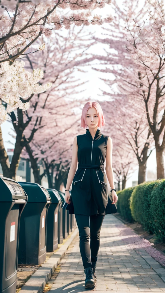Create a digital illustration of Sakura Haruno, an iconic Naruto character, walking down a quiet street in a modern urban setting, with soft tones and a calm atmosphere. Capture her serene and confident expression, with determined blue eyes and delicate pale skin. Highlight her short, bright pink hair falling in light layers over her shoulders. Dress her in a dark red, sleeveless, body-hugging top with a front zipper, tight black pants, and practical ankle boots; add a thin bracelet on her right wrist and, optionally, a subtle scar on her left arm. Position her among cherry blossom trees that scatter pink petals on the ground, with the gentle wind creating movement in the petals around her. Add minimalist buildings as a backdrop, clean streets, and small urban details like trash cans or benches, illuminated by the golden light of a sunny spring afternoon. Sakura walks with a firm and purposeful step, arms relaxed, exuding a thoughtful yet alert calm. Convey peace, introspection, and strength, combining nature and modernity to reflect her journey as a ninja and a mature woman.
