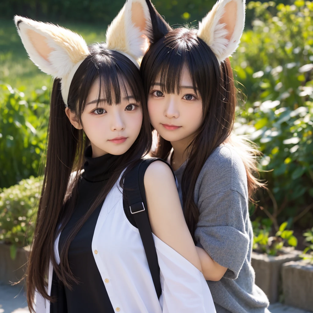 Fox Girl, Fox&#39;s Tail, Nine-Tailed Fox,Fox Ears, Black colored hair, Fox Makeup,One Girl、 Kimono with open chest, Body size is 100-70-90!、Nice body, Avatar, face, Open chest, lewd face, Dominant representation, naughty face,Big Breasts,Emphasize cleavage,Show bare skin、Skin is visible、With legs apart、Show off your thighs、With legs apart、A beautifully patterned kimono、I can see her cleavage、Muscular、Uplifting、Abdominal muscles、Exposed skin、Long Hair、Skin Texture、Soft breasts 、outside、Grassy field