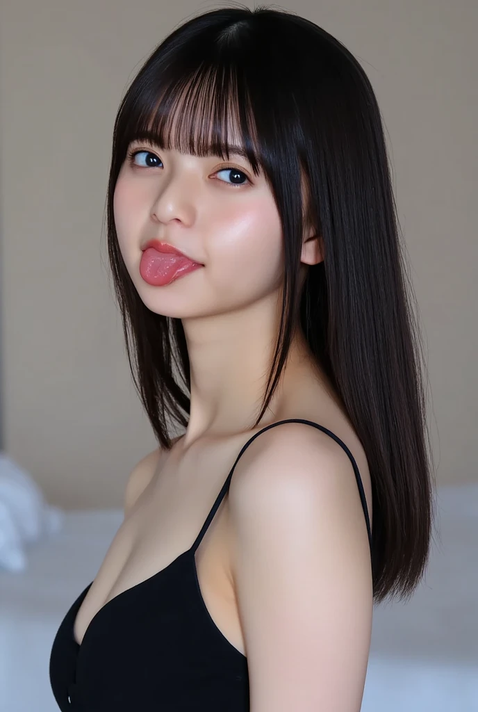White sweater mini dress,bare shoulder,oollarbone,open mouth,tongue out,cum on tongue,standing,slouch,Selfie,looking ahead,from above,flont view,upper body,(1girl,Beautiful 14 year old girl),((Slender,Small breasts,Small face,)),looking at viewer,Black Hair,bangs,straight,Beautiful and detailed,Mischievous smile,Dimly lit room,Simple Background,Black background,Low lighting