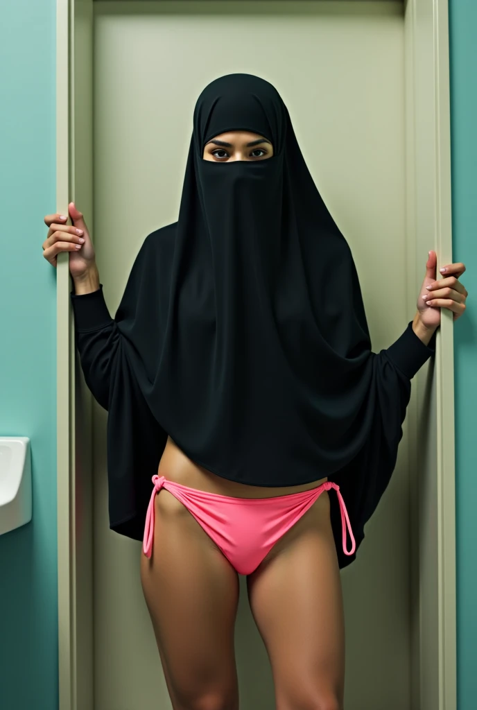 (Peach Hijab) A very small titted girl naked in the toilet