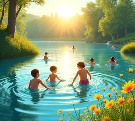 bohoai (a joyful scene of four kids Lily, Emma, Ethan, Max dancing) playing with (beautiful otters), near a sparkling brook,