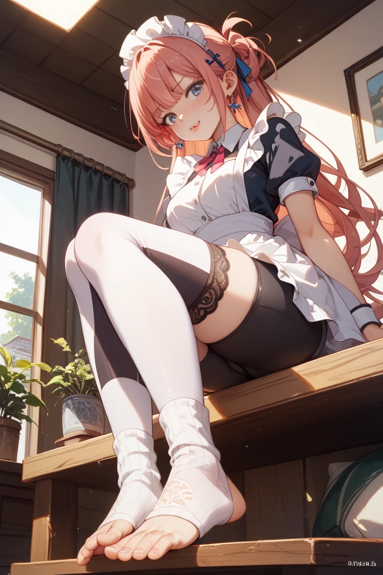 masterpiece, best quality, 1girl, lingerie, (thong: 1.2), nightie, outdoor, street, big, overdeveloped chest, naughty face, black tights, nakano nino, pink hair, butterfly hair ornament, wanting to cuddle
