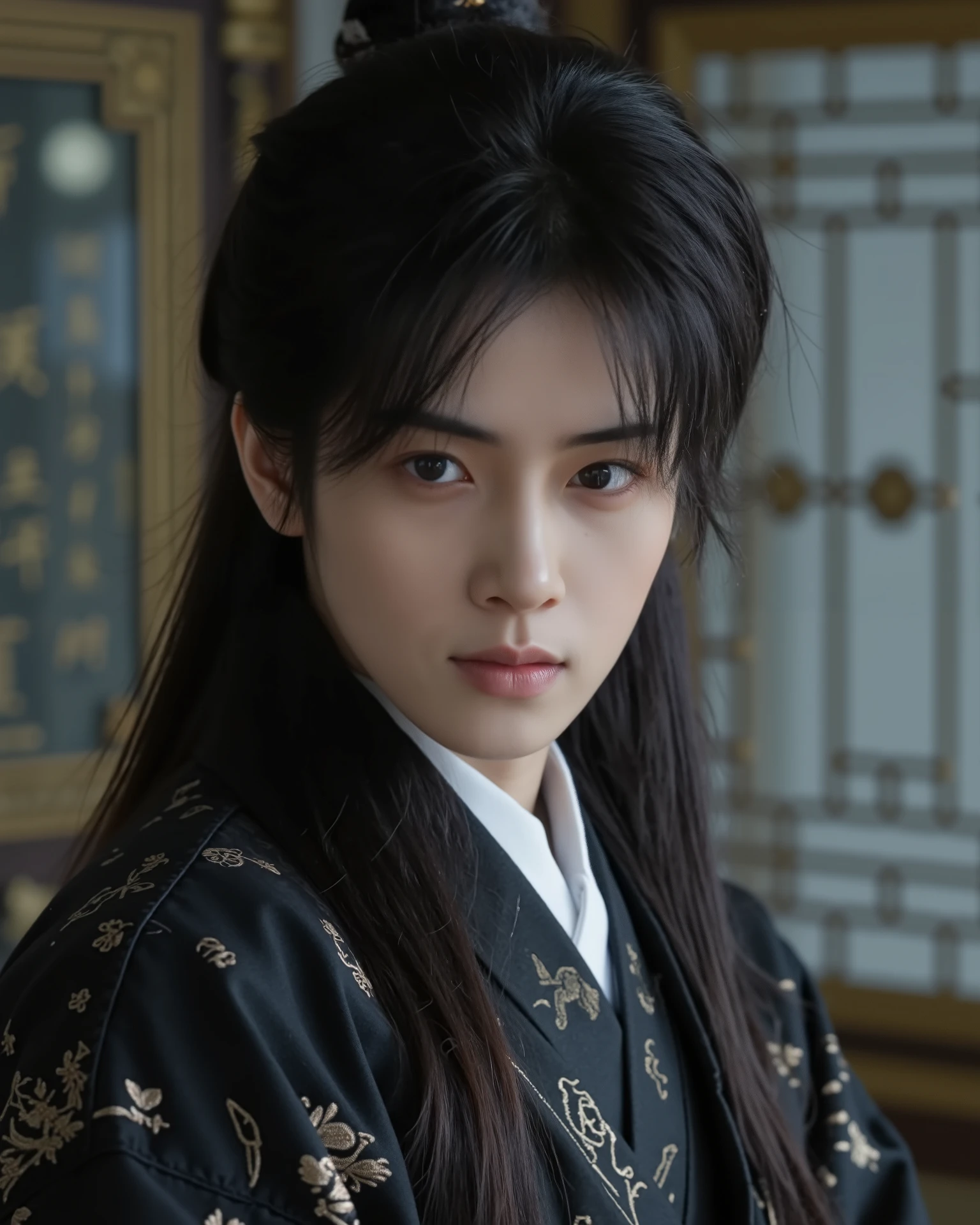 boy , black hair, Gray eyes, Wear black hanfu, long hair, Handsome hairstyle, Antique style, Chinese people, 4 The mother surrounded the girl, one lover, one with love and longing.