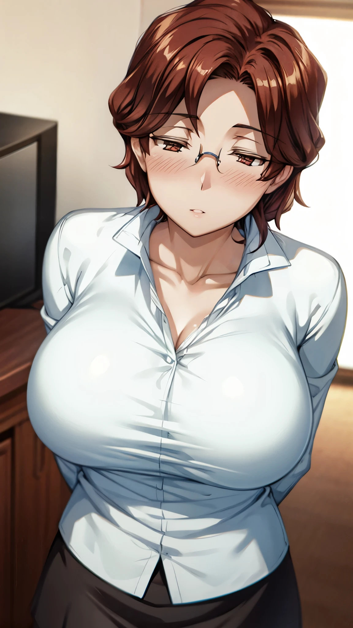 (super quality,Ultra High Resolution,16k,Super Masterpiece,Ultra HD ,detailed shading and background,)Photographing the upper body,sexy mature woman, Gold,glasses,long white shirt with cuffed sleeves,tight tight skirt,cleavage,necklace for 1 person,Big Breasts, half-closed eyes of fatigue,blush,Glossy, thick lips,living room,