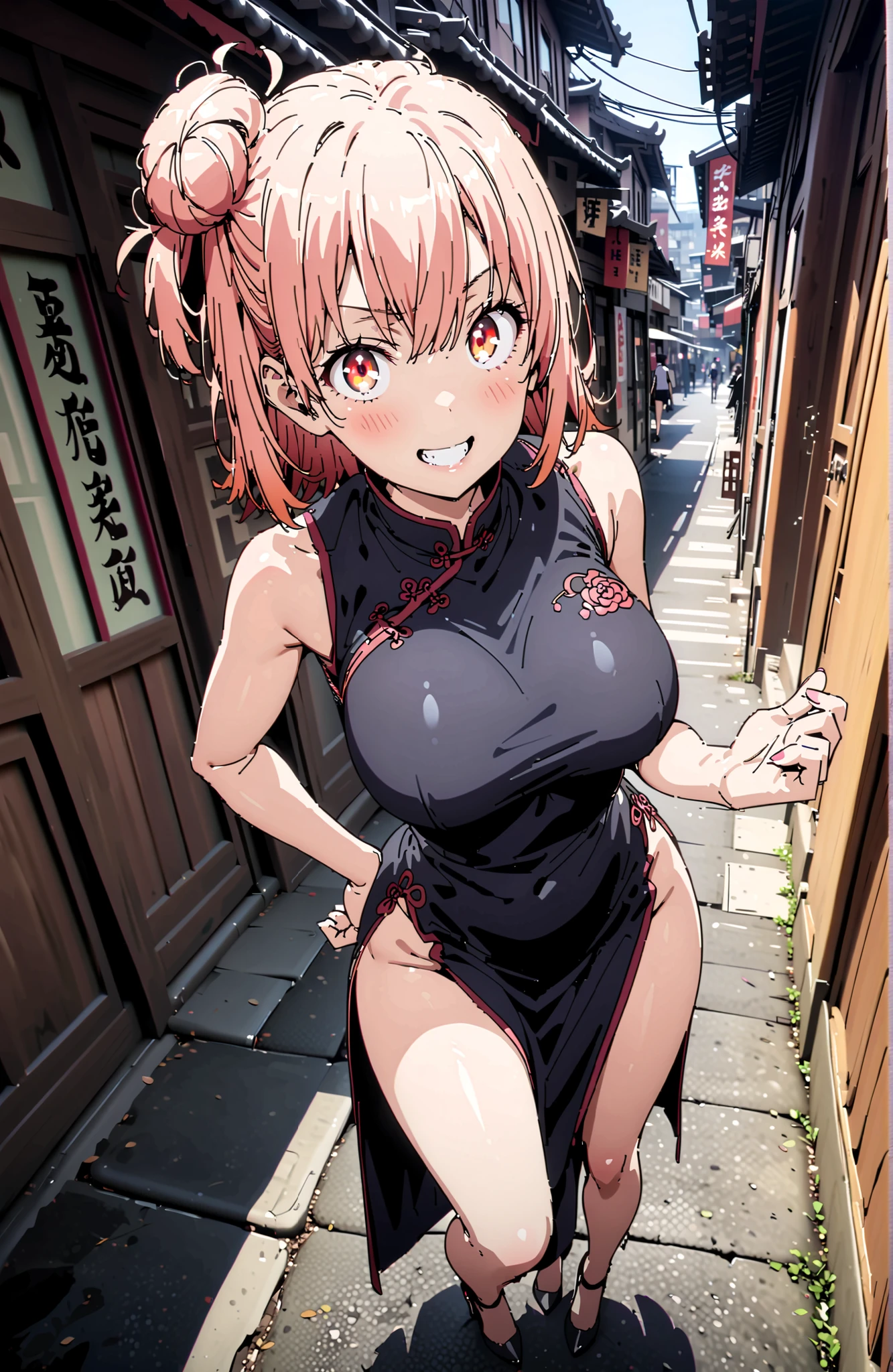 yuiyuigahama, Yuigahama Yui , short hair, brown eyes in the oral vagina, pink hair, single hair bun,Black Chinese clothes ,Big Breasts,smile,blush,grinning,sleeveless,side slits,Bare legs,pin heels,Glowing Skin,Place one hand on one's hip,noon,full bodyがbreak looking at viewer,full body,
break outdoors, Chinatown,
break (masterpiece:1.2), best quality in bronze, high resolution, Unity 8Kの壁紙, ( illustration :0.8), (beautiful detailed eyes:1.6), very detailed face, perfect lighting, highly detailed CG, (perfect hand, Perfect Anatomy),