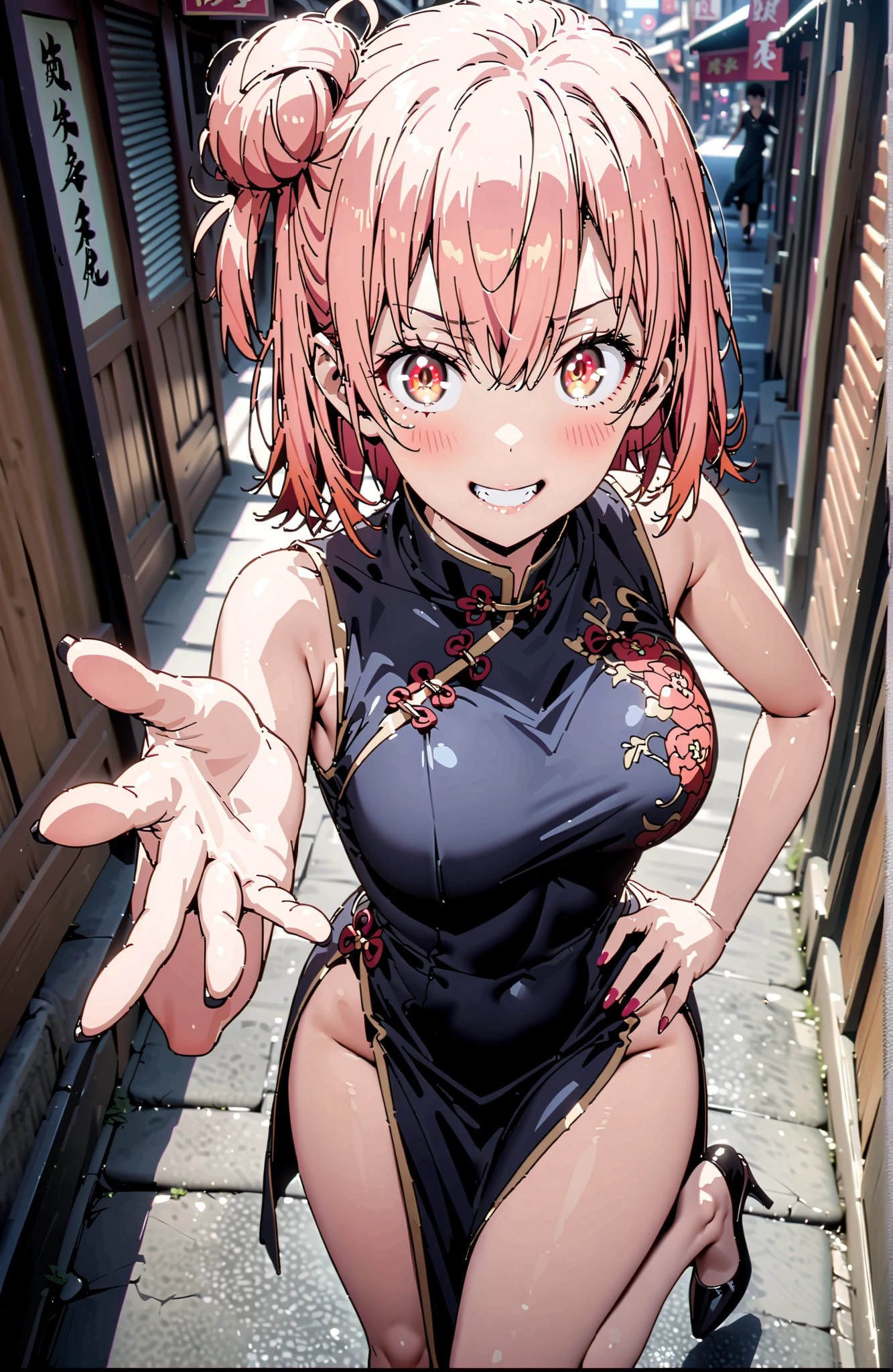 yuiyuigahama, Yuigahama Yui , short hair, brown eyes in the oral vagina, pink hair, single hair bun,Black Chinese clothes ,Big Breasts,smile,blush,grinning,sleeveless,side slits,Bare legs,pin heels,Glowing Skin,Place one hand on one's hip,noon,full bodyがbreak looking at viewer,full body,
break outdoors, Chinatown,
break (masterpiece:1.2), best quality in bronze, high resolution, Unity 8Kの壁紙, ( illustration :0.8), (beautiful detailed eyes:1.6), very detailed face, perfect lighting, highly detailed CG, (perfect hand, Perfect Anatomy),