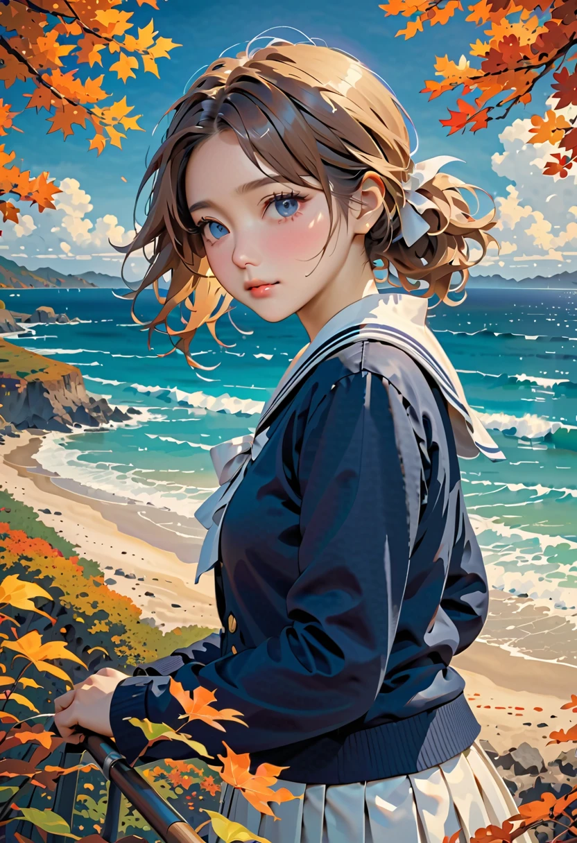 High resolution, brunette girl, 15 years old, .beautiful портрет в стиле фэнтези , portrait, sea on background, seagulls, realism, fantasy