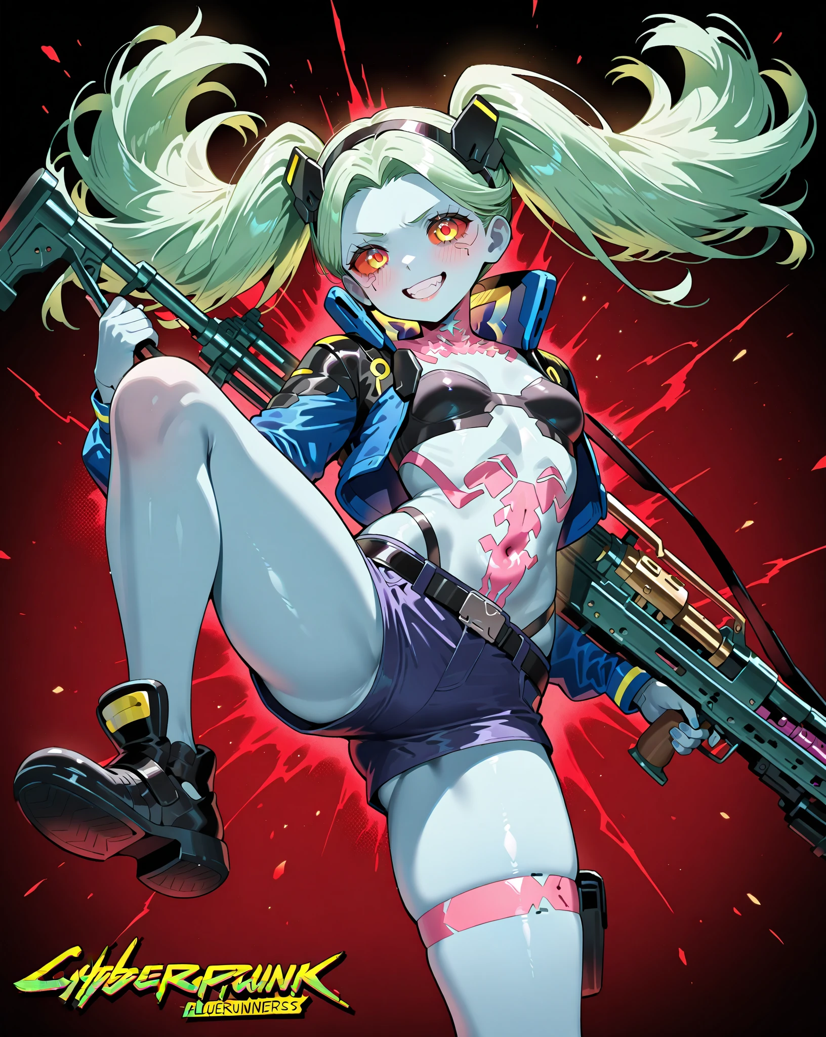 Harley quinn, angry face, holding a hammer with blood, inside a dark room