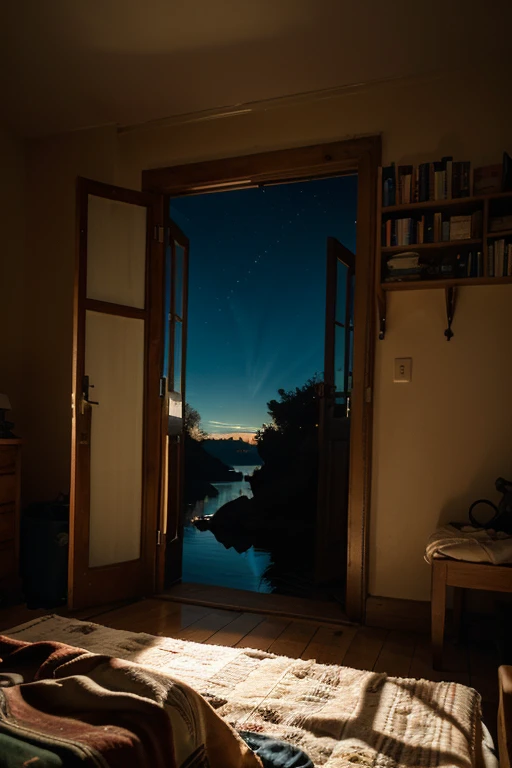 Nuit, ciel sombre, pleine lune, star, maison au centre, arbres, horreur, Silhouette through the window, stranger things, Werewolf Head in the Sky