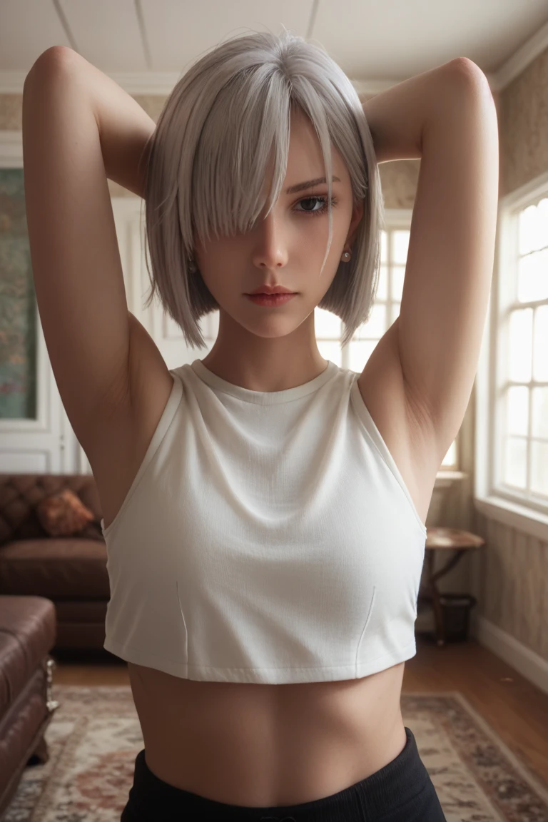 ((((masterpiece, best quality, high resolution)))), (1girl:1.5), ((short silky hair, white hair, purple eyes, sharp eyes, choker)), (medium breasts:1.2), blush, (cheeky smile, parted lips), glow, thighs, bare shoulders, collarbone, narrow waist, (slender body figure), (beautiful detailed face, beautiful detailed eyes), ((White tank top, ripped jeans shorts)), (standing up), looking at viewer, nighttime, bedroom, (cowboy shot)