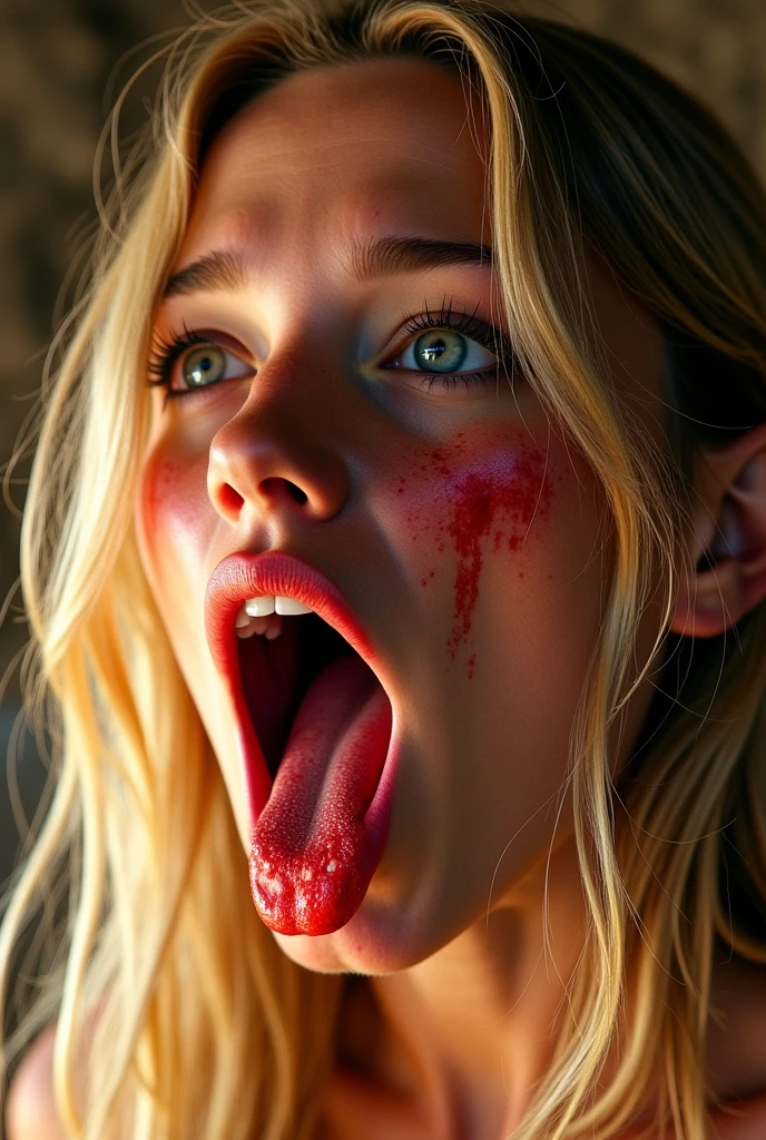 A realistic 8k picture of a young girl with blonde hair and blue eyes,sweating, the eyes are focusing, she has a open mouth with wet tongue, angle from below shiny skin with sweat, vulgar face