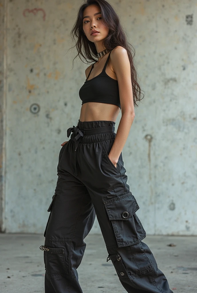 Slim, teen girl, NSFW, tight white cropped tanktop, loose black baggy cargo pants,
