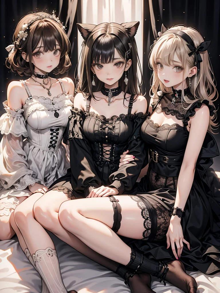 in the room, Four Girls. look at the camera together. black outfits. Big boobs. Different faces, different styles.