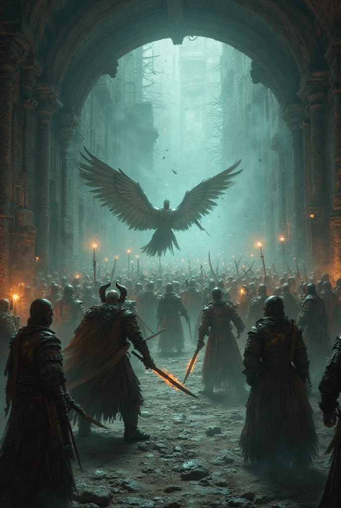 a close up of a crowd of people in a large building, very epic atmosphere, epic stunning atmosphere, elden ring concept art, the final battle in hell, epic cinematic concept art, world of fire and blood, symmetrical epic fantasy art, epic cinematic matte painting, art style of marc simonetti, from of thrones, concept art stunning atmosphere
