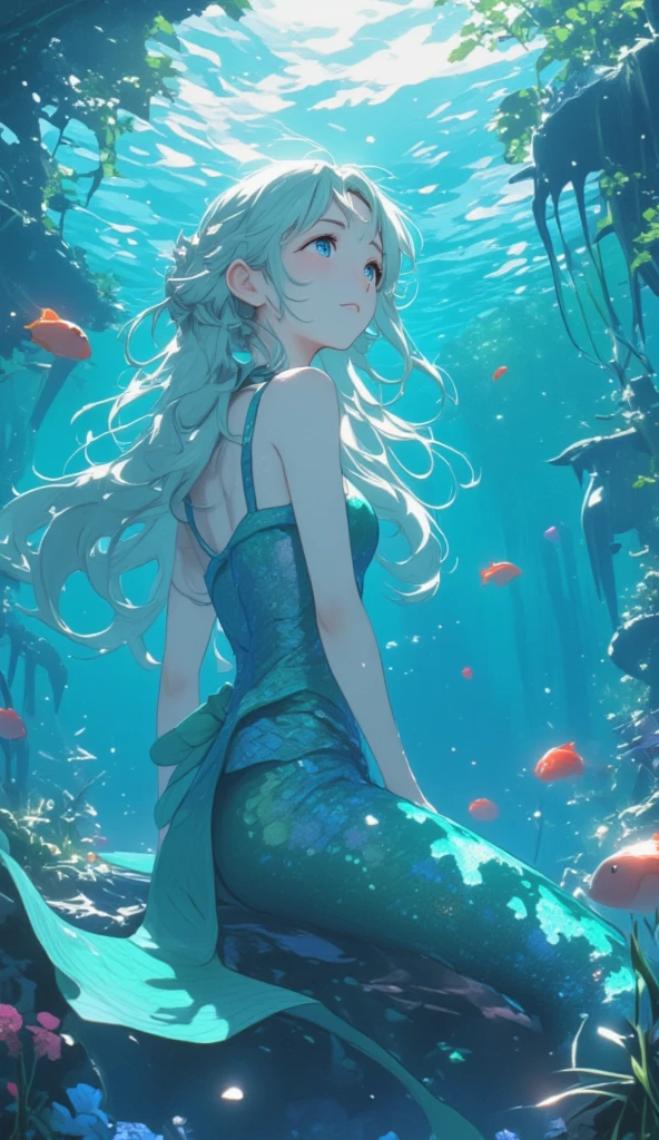 (((underwater))), beautiful young girl, long blue hair, purple dress, water, glowing jellyfish, sea life
