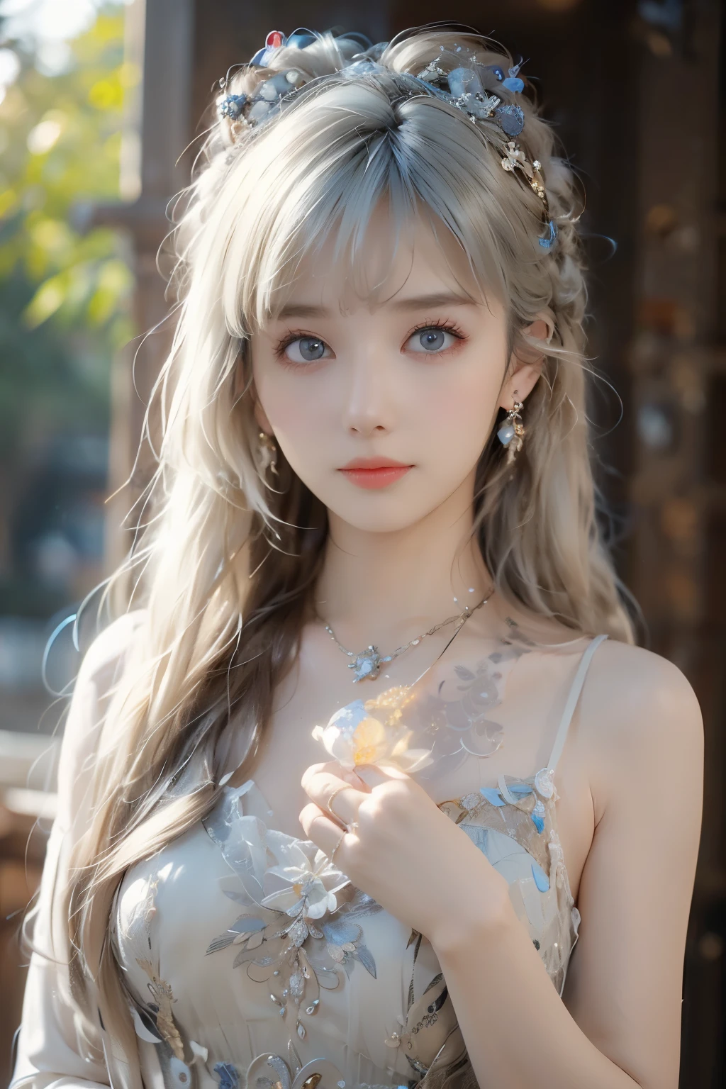 One Girl , long hair, Light Hair Color, enchanting eyes, Mysterious Expressions , Mature Appearance, Attractive dress, Relaxed Dress, Graceful Jewels , Intricate decoration, Magic symbols, Glowing Accessories, potion , Scroll, Cute accent, bow, ribbon, flower,