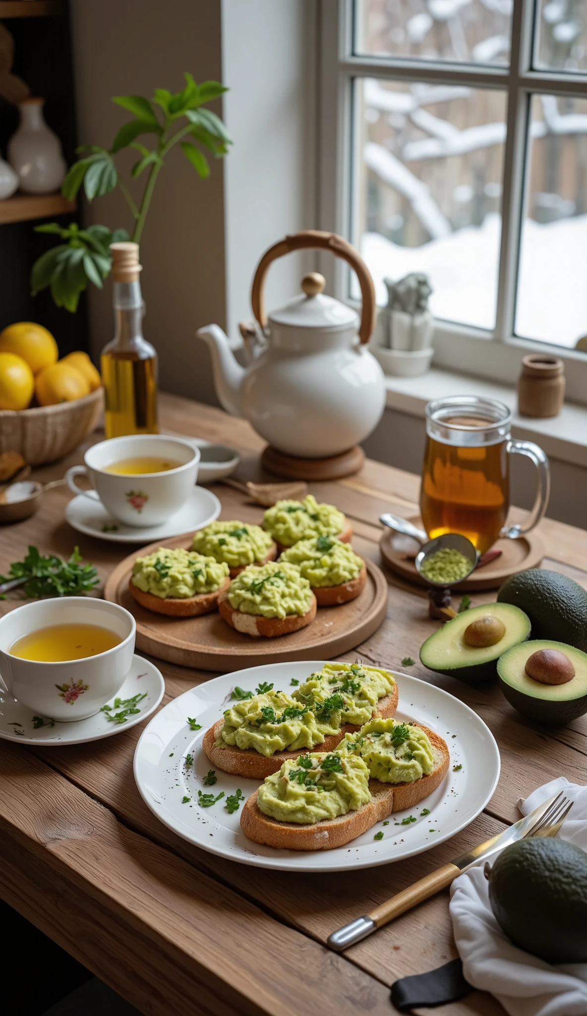 BEAUTIFUL image in perfect 8k quality, impressive, incredible vibrant colors, perfect colors, ultra realistic, of a luxurious kitchen table near a window where snow is falling outside, because it is winter in Europe -40 degrees Celsius, it is a beautiful and chic environment, on the table there are several mashed avocados on the plate seasoned with parsley, chives, oregano and olive oil, the avocado is at the same time on the sliced bread and next to it there is a cup of tea with hot water, a beautiful and exquisite table, on the table there is a beautiful and luxurious tea kettle, at the same time on the table there are some cut avocados and a realistic bottle of olive oil