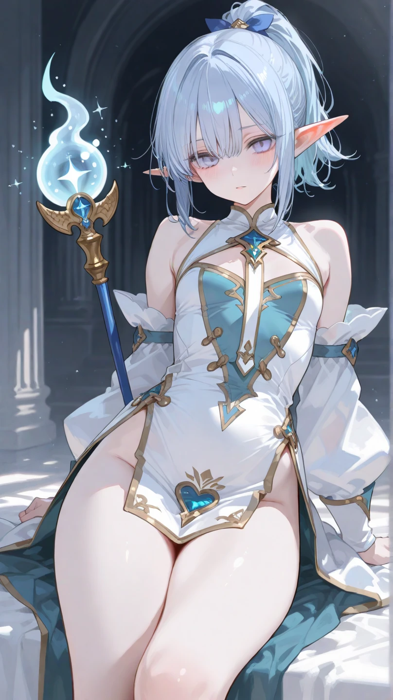 NSFW,Gentle girl pulling up white skirt,((bared chest)),(short blue hair) ,Luxurious,noble,Clothes come off,Tiara on the head,suggestive pose,Blue and green eyes,(Heterochromia),Revealing clothes, Lori,Curvaceous,Exposed genitals,small tits,garterbelts,Lick your dick,(And,Best Quality