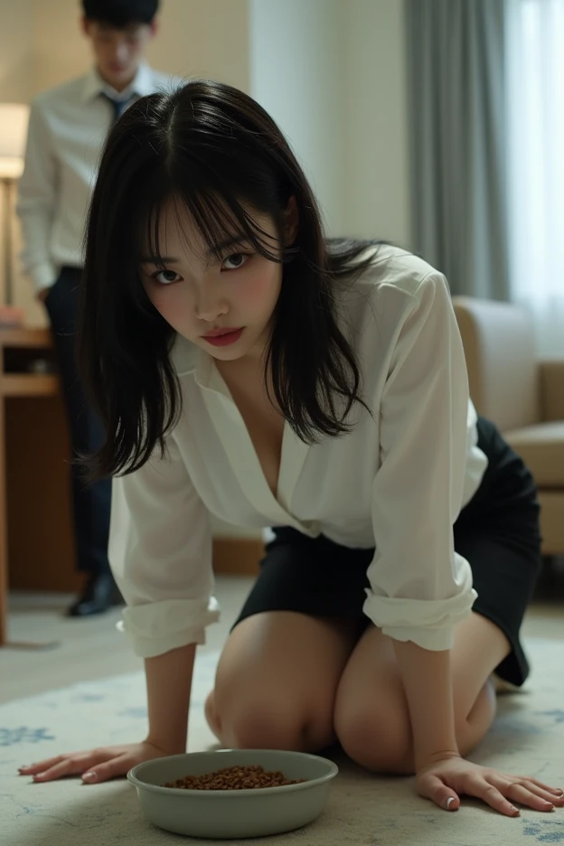 (masterpiece:1.2), Very detailed, Ultra-high resolution, (Realistic, photo Realistic:1.37), High-resolution RAW color photos, Professional photos, Dramatic lighting, Sharp focus:1.2, (Very detailed顔と肌の質感, Very beautiful eyes, Glossのある肌, Glowing Skin, Glowing Skin, Shining Face, Gloss, Oily skin, greasy face, Oily skin, greasy face, 強いGloss), Perfect Anatomy, Very detailed背景, 1 female, 25-year-old woman, Japanese women,Height: 168cm, (Short Bob Hair, Straight hair, bangs:1.3, Brown Hair), (Lean:Weight 1.0), (Flat Chest:1.7), (((dim:1.4)),(((Office room at night))), Thighs, ((((Stick your butt out))))、,((((Spread your legs))))、((((Erotic)))), ((Functional)), ((Glowing Skin)), ((suit)), (See-through white shirt), (((Black Stockings)), (((Black pencil skirt))), (((mini skirt))), (((((undressing shirt))))), (((((Half-naked shirt))))), , (real Glossのある肌 texture), (Glowing Skin), (((White skin))),(((Browsing Caution))),Earrings,((((Open your mouth、Squint your eyes))))、((((Panting))))