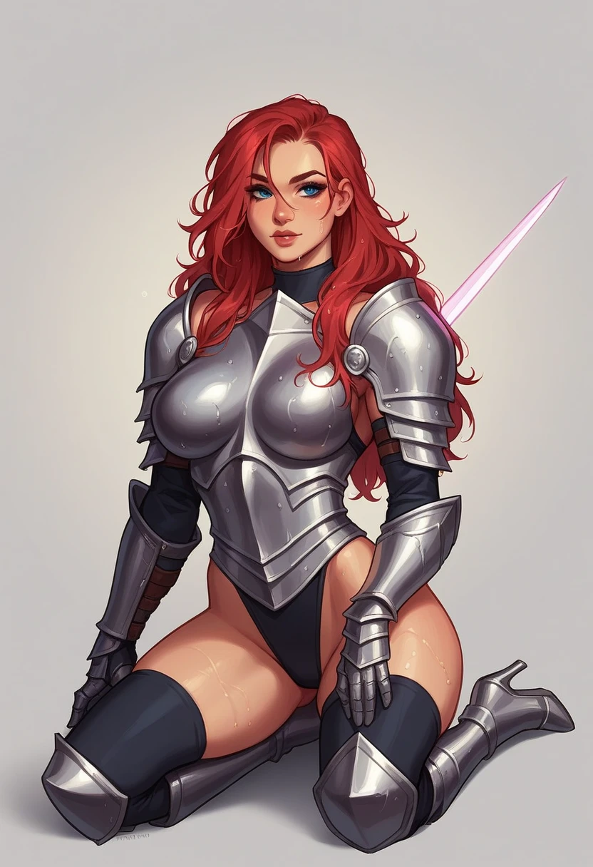 barbarian in chainmail bikini, red hair, full body shot, fully armoured, blank background, white background