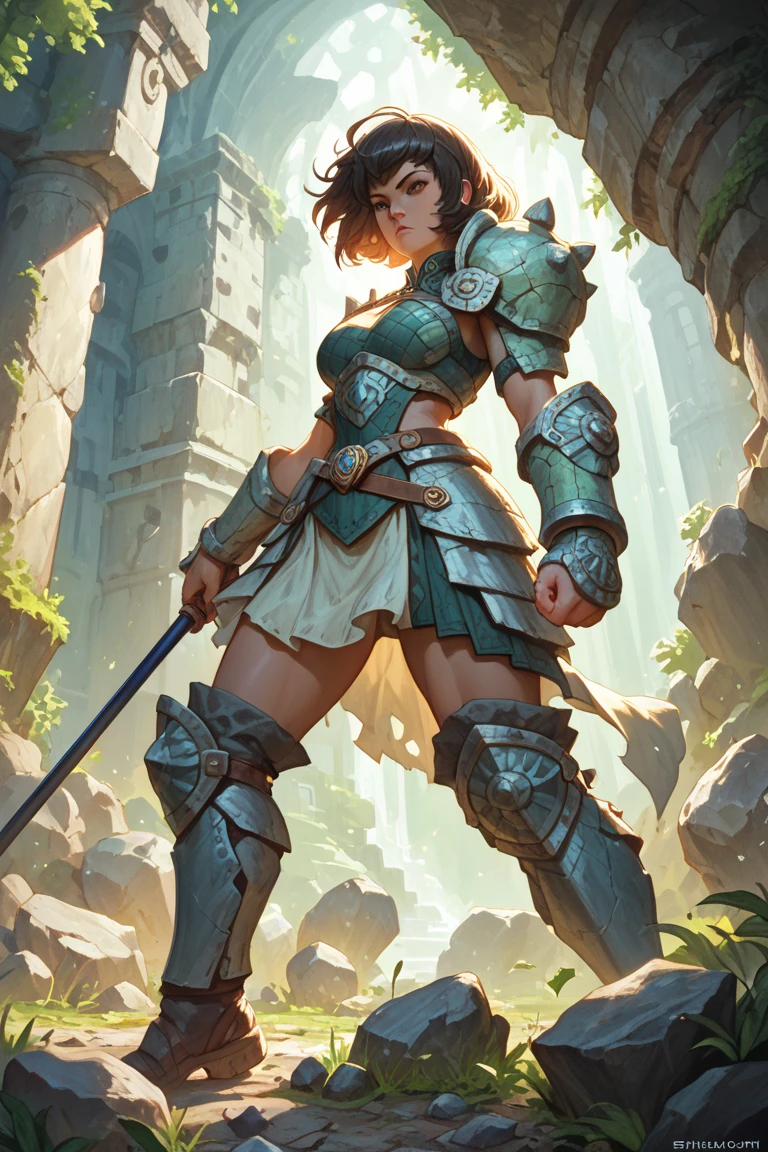 (masterpiece, best quality, ultra detailed, beautiful illustration), (oil painting:1.4), atmospheric perspective, (adventure atmosphere, elaborate atmosphere:1.4), depth of field, looking at viewer, beautiful detailed eyes, 1girl, (full body), fighting stance, dynamic angle, (huge breasts), (outdoors:1.5, holding one polearm, halberd), <lora:ValkyrieProfile_Aelia:1>, AeliaVP, circlet, armor, breastplate, shoulder armor, gauntlets, bandages, short skirt, panties, greaves, aura surrounding her, glowing eyes