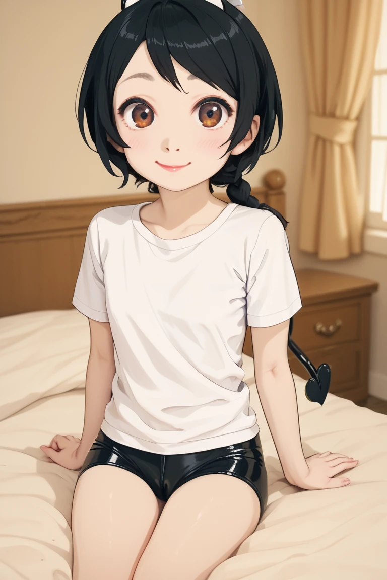 1girl realistic solo bed sitting arm support on bed bracelet lips crossed legs watch shirt <lora:DuckCute:1.0>