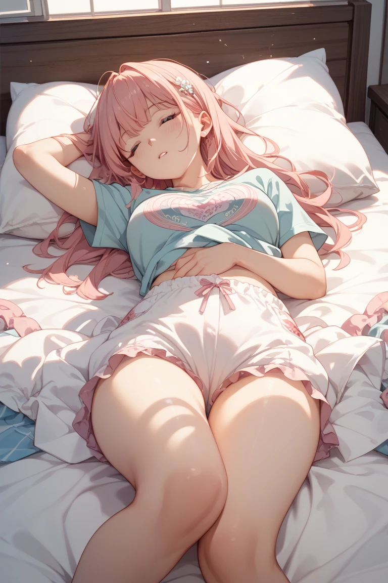 Beautiful illustration、top-quality、Cute little girl s、Bedroom、A pink-haired、length hair、(((Pink pleated skirt)))、(((pink sailor suit)))、shortsleeves、Colossal tits、a navel、Flipping up the skirt with your hands、Show white panties、Pull up your skirt and show your panties、bare-legged、blue eyess、on the beds、lovely thighs、glowing thigh