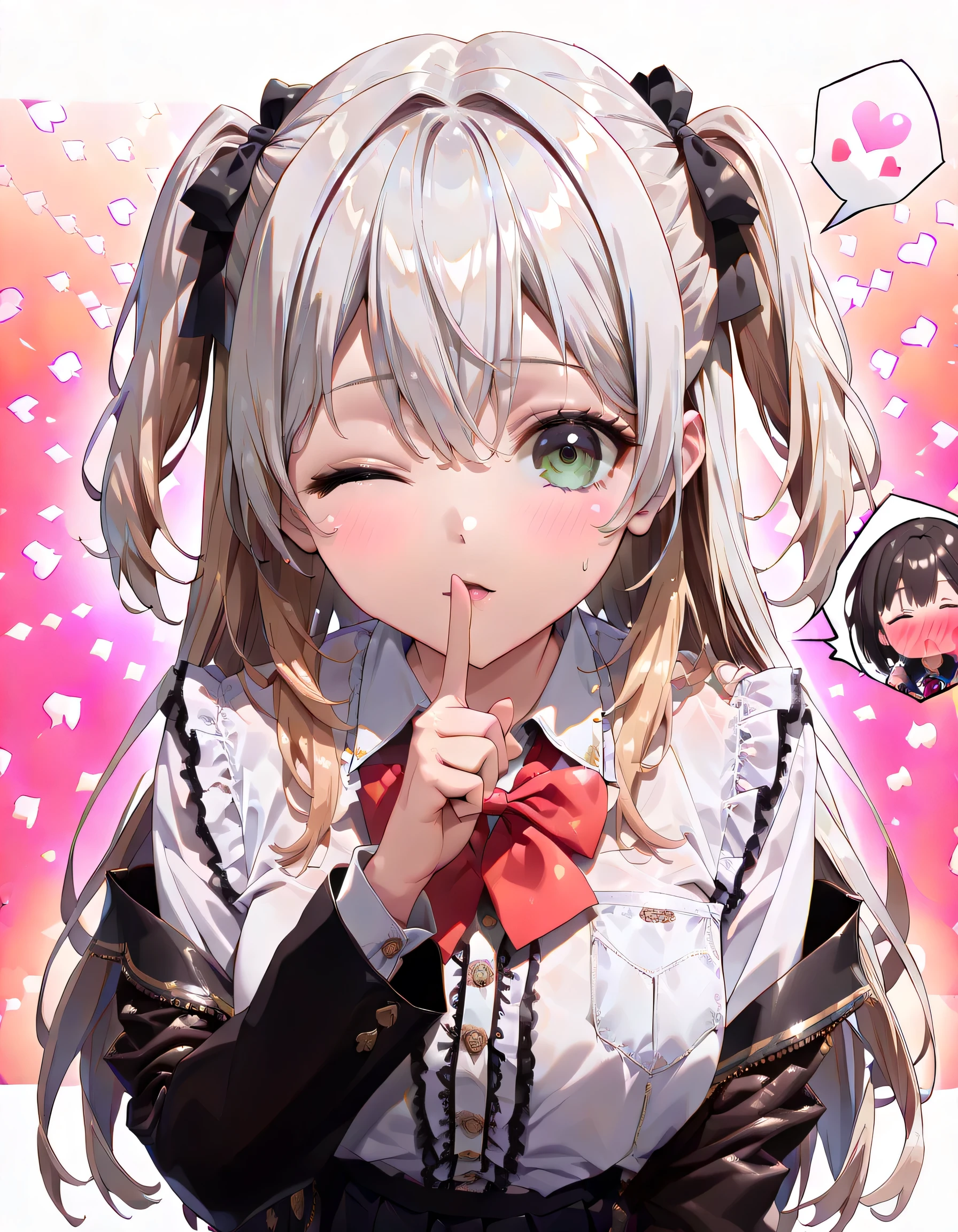 ((ultra-detailed)), (highly detailed CG illustration), (best quality:1.2), ultra-highly detailed, colorful composition, artistic photoshoot, 1girl, solo focus, ((upper body:1.4)), moe anime character, age girl, dainty facial structure, (baby face), (round face), ((rounded chin:1.2)), ((one eye closed:1.4)), ((silver hair color)), ((two side up hair)), ample breasts, school uniform, navy blue blazer, modern style with fitted jacket, red neck bow, long sleeves white frilled shirt, navy blue pleated skirt, ((shushing:1.4)), ((smile)), ((shy:1.4)), ((slaver:1.4)), ((incoming kiss:1.4)), ((full faceblush:1.4)), ((looking viewer)), ((Sweat:1.4)), ((spoken heart:1.4)), ((pink heart background)), from front, best quality, masterpiece, expecting, pink cheek, blush, light pink gloss slip, portrait, depth of field, soft lighting, sidelighting, (shine), lighting, caustics, ray tracing, perfect face, lustrous skin, highly detailed face, perfect face, perfect nose, perfect hair, perfect anatomy, beautiful hair, beautiful small face, extremely detailed face, beautiful clavicle, beautiful body, beautiful ample breasts, leavage, breasts squeezed together, equalize the size of the left and right breasts, beautiful fingers, 4 fingers, 1 thumb, lovely, (very detailed background:1.0), (highly detailed background:1.0), spring aesthetic, intricate details, joyful atmosphere, spring colors palette, chromatic aberration