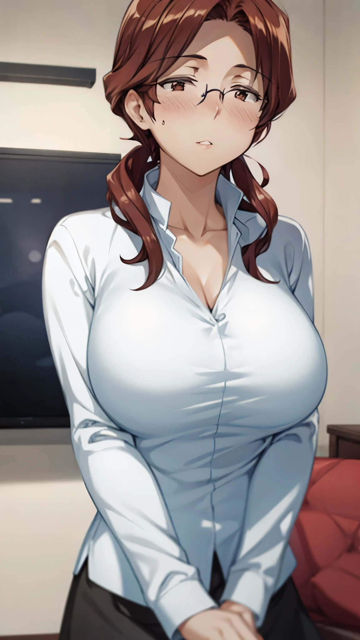 (super quality,Ultra High Resolution,16k,Super Masterpiece,Ultra HD ,detailed shading and background,)shot from below,sexy mature woman, Gold,glasses,long white shirt with cuffed sleeves,tight tight skirt,cleavage,necklace for 1 person,Big Breasts, half-closed eyes of fatigue,blush,Glossy, thick lips,living room,