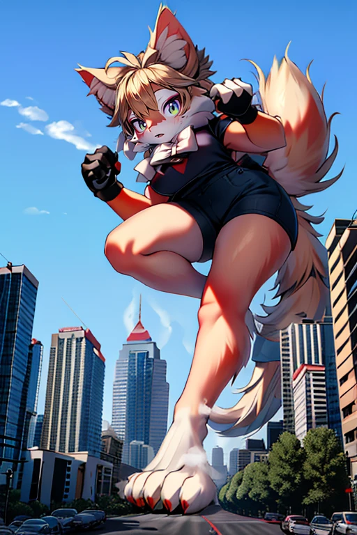 A 30-meter-tall cat girl with bare foot （fluffy kitten paws） (nekomimi/cat ears, fluffy tail and human face),beautiful yet terrifying,glowing amber eyes,furry paws,strands of hair floating in the wind,round pupils with starry sparkles, wearing a poofy pastel sweater and denim shorts, fluffy tail curled upward playfully,mid-stride with one paw stepping on a car.soft baby animal fur texture, cotton-candy colored hair with floating cat ear fluff.Futuristic city in ruins,skyscrapers crumbling in the background,cracked asphalt roads,overturned buses and flattened cars under her paw,metal debris and explosion sparks flying,smoke and dust swirling around her legsGiant pink paw pad pressing down with visible fingerprint wrinkles, translucent squishy flesh deforming around car roof, white fur fluff caught in windshield wipers, radiating heat distortion waves from paw-ground contact.Some tiny kittens riding on her shoulder pointing at crushed cars with paw pads，Car chassis folding into V-shape: front hood buckling upward like crushed soda can, rear wheels lifted off ground with spinning rims, license plate peeling off with "NYA-666" comic text, cartoonish oil leak forming heart-shaped puddle.Dramatic sunset lighting with orange-red gradients,volumetric rays piercing through dust clouds,neon lights flickering from damaged buildings,high contrast between warm light and cold metallic debris.Slow-motion capture of a car being crushed: tires exploding,windshield shattering into glass shards,twisted metal frame. Panicking crowds running in foreground,tiny humans pointing in horror,birds scattering from rooftops.Hyper-detailed concept art,mix of anime aesthetics and realistic textures,cinematic depth of field,dynamic perspective from low angle emphasizing scale,trending on ArtStation.,blood, realistic gore,Negative prompt: shoes, socks, footwear, (covered paws:1.5), (hidden toe beans:1.3), metallic footgear, (dirty soles:0.8) shoe debris:1.5