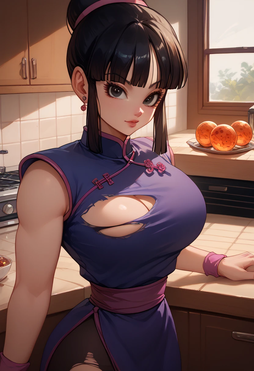 women, ShenHe, Genshin Impact middle age, in the kitchen, wear cooking apron around waist , No panties , No bra, sit on the table , spreading legs , legs wide open , attractive looks , nude boobs , natural cleavage , second life , attractive women , view from under , camera closed between legs , zoom on her pussy , pubic hair ,NSFW ,