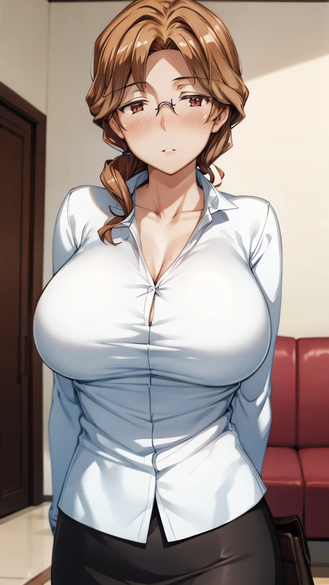 (super quality,Ultra High Resolution,16k,Super Masterpiece,Ultra HD ,detailed shading and background,)shot from below,sexy mature woman, Gold,glasses,long white shirt with cuffed sleeves,tight tight skirt,cleavage,necklace for 1 person,Big Breasts, half-closed eyes of fatigue,blush,Glossy, thick lips,living room,