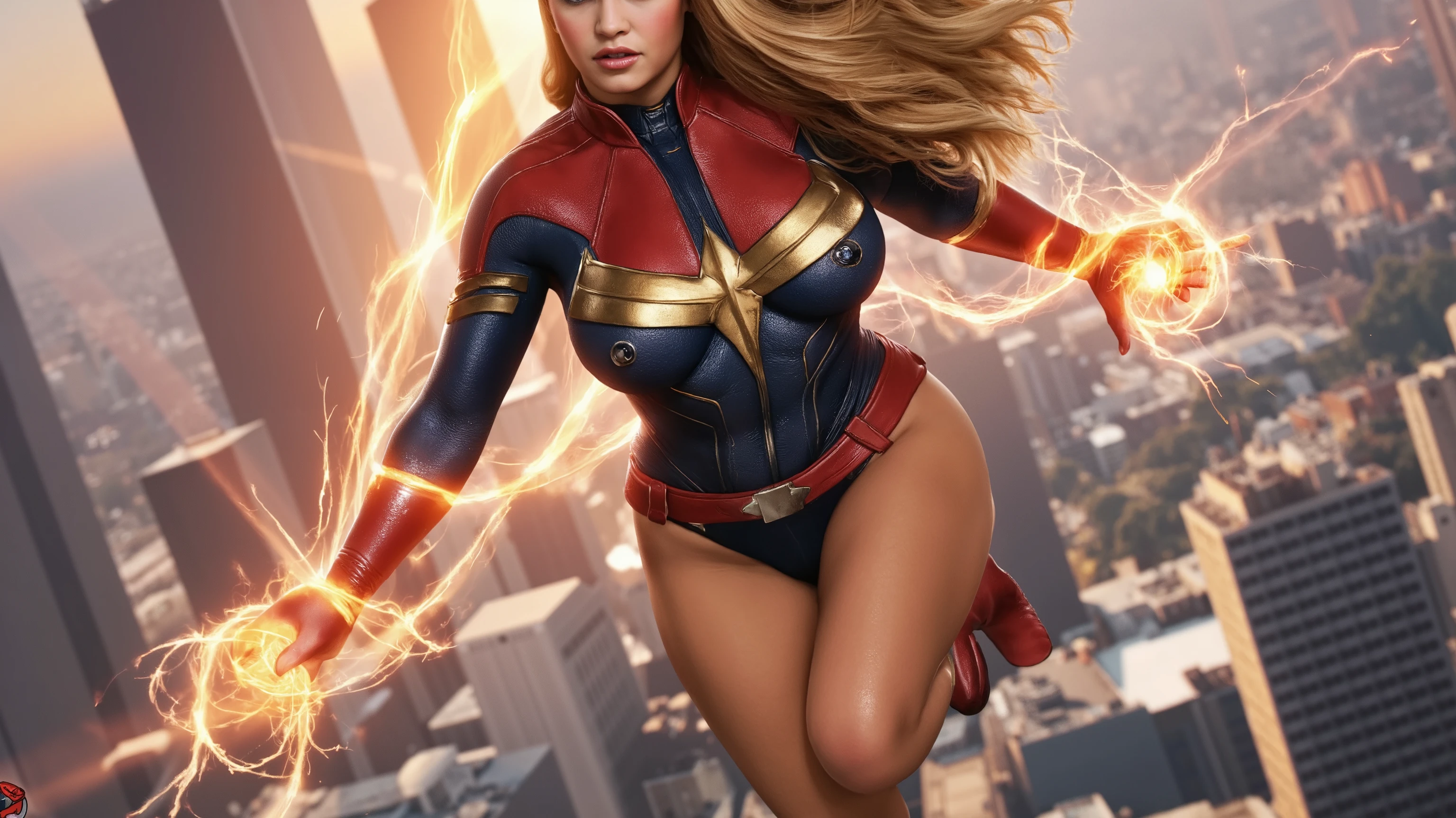 ray tracing, UHD, 16k, masterpiece, cinematic, photorealistic, award winning, marvel comics character, ms marvel, voluptuous, athletic, beautiful long hair, tight clothes, skin indentation, confident expression, heroic pose, flying in the air, energy effects, city skyline background, glowing energy powers, cinematic lighting, dramatic shadows, comic book art style, digital painting,
