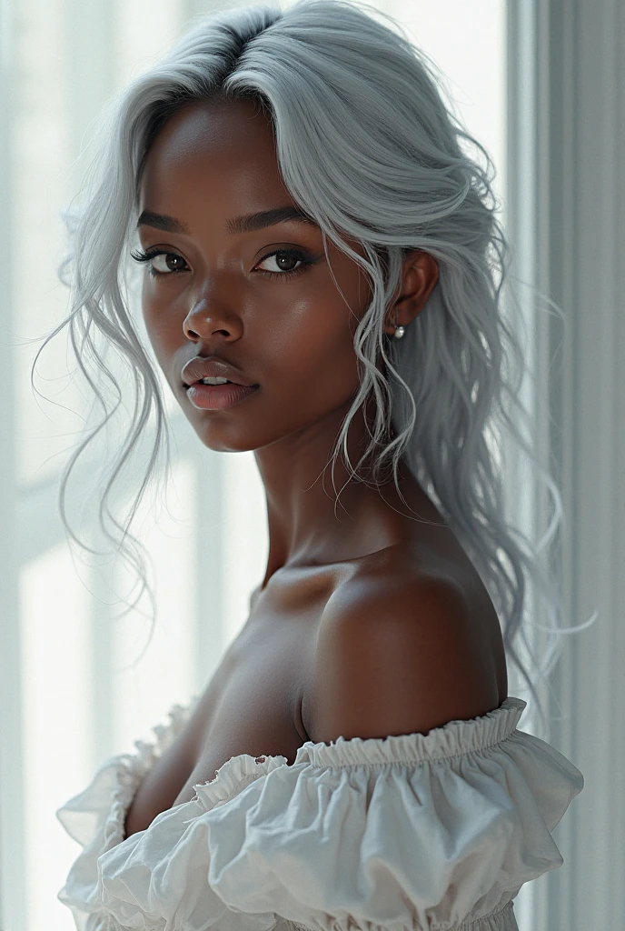 young black woman, medium breasts, long silver hair, sitting on a castle bed, green eyes, wet black skin, only underwear, ultra realism, 8k resolution