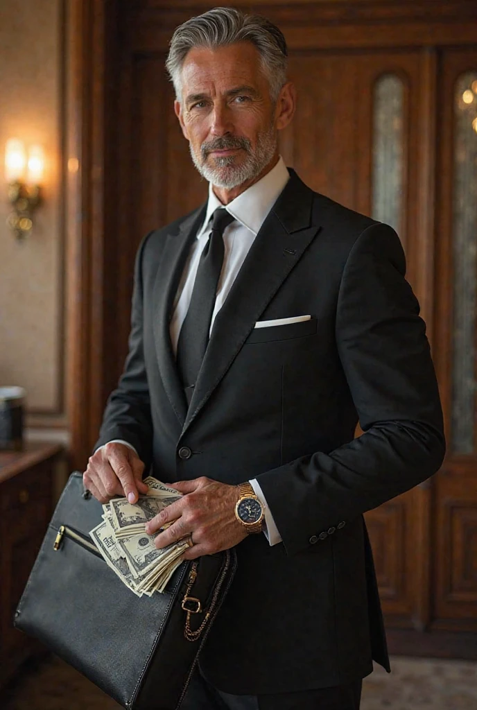 well-dressed multimillionaire man in luxury clothes sitting on a bunch of dollar bills