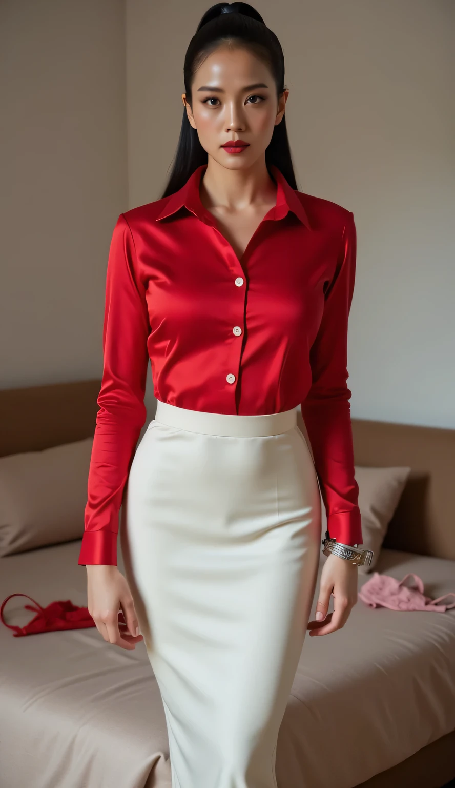 One 50 year old white mature woman、Beautiful Caucasian、First Lady、Sitting on the bed、Well-formed face、Full body photo、(Red business suit、Long pencil skirt、I'm wearing high heels:1.4)、Gorgeous long blonde hairstyle、Very large breasts are saggy
