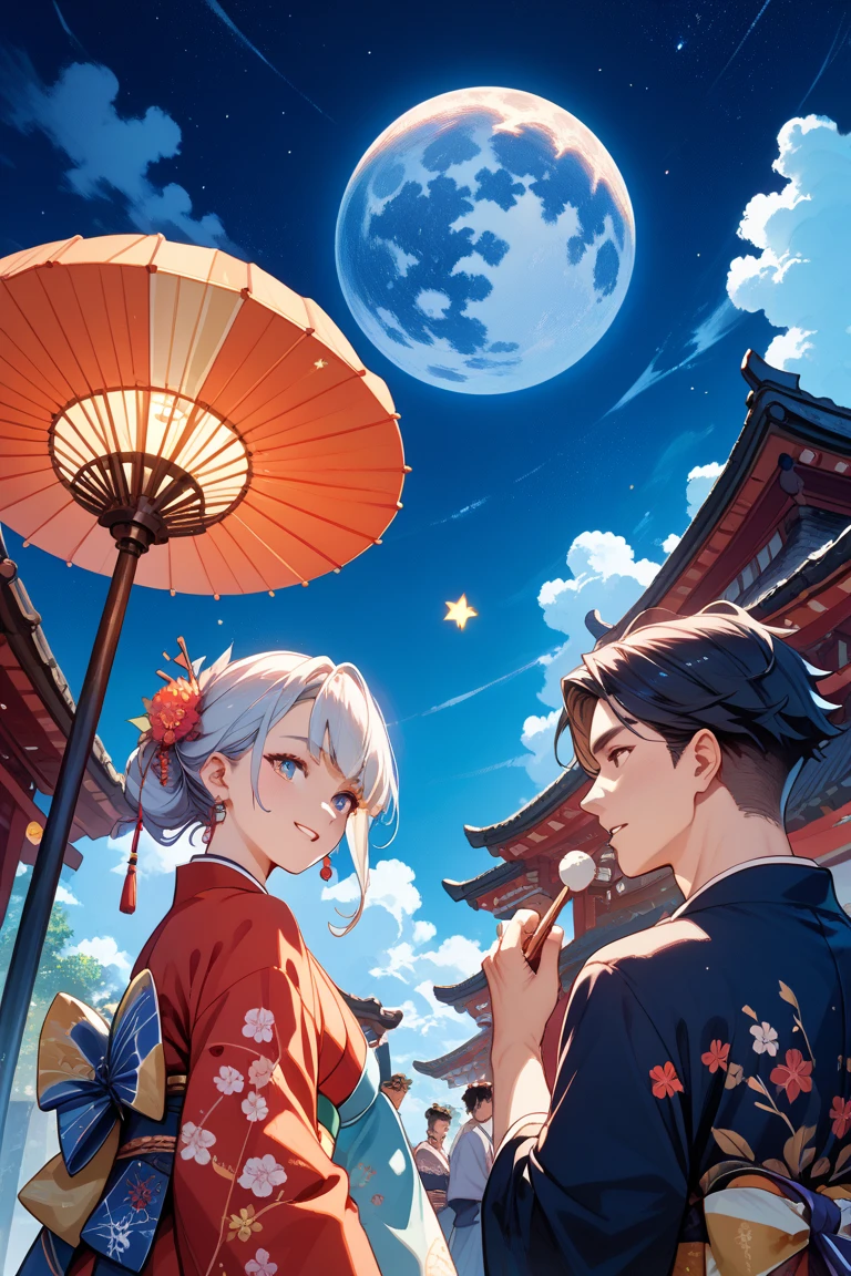 8k, best quality masterpiece, women, Albino man, (soft shape), perfect face, hanfu dress, sexy, fascinating, fine fabric chinese dress, tower, red lantern tower, women pelirroja , iris blancos women y ojos azulew hombre. They are on a beautiful beach