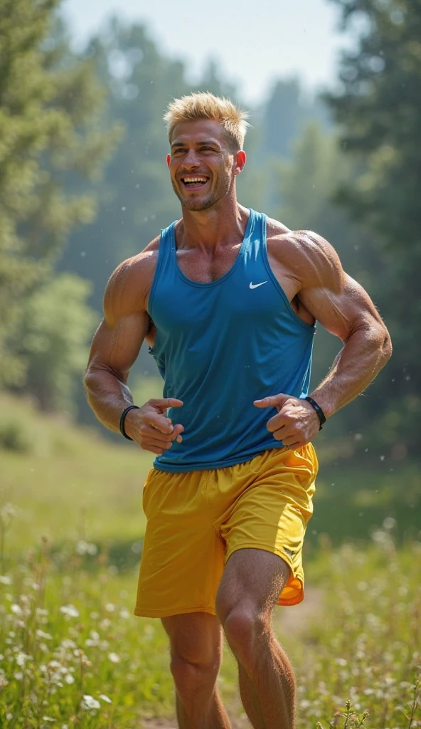 4K High quality photograph, (realistic), 26yo old man is about to step on a black and white soccer ball, He is visibly exhausted and (sweaty) but (his blue eyes are wide open) He is looking at the viewer, Mildly smirking, He is wearing a gray sporty t-shirt and shorts, Sweat is dripping down his face, His clothes are soaked in sweat, The weather outside is ((overcast dark and cloudy)), He is standing on gravel, Barefoot, Wet Clothes:0.67