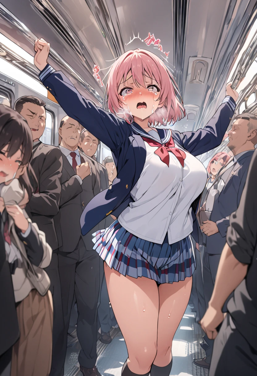 Female student、Sailor suit、Very short pleated skirt、Crowded train、One Woman、Cute Woman、Many passengers、Thick thighs、Best image quality、High resolution、masterpiece、super high quality、bra、Panties made of cotton material、Big Ass、Large Breasts 、blush、4k quality、Reached orgasm、Wearing black knee socks、Heavy breathing、From directly below、From directly below、, 1 personの, Raise your arms, 1 person, {{{The man put his hand on his crotch.}}}, Inside the train, Crowded, Crying face、（Affirmative prompts）
(1 person)++, (masterpiece)+++, (Highest quality)+++, (Super cute)+++, lovelive!, Anime Color, , tears, (vapor)+++ , Being abused ,feigned ignorance, wearing blazer whiteshirt ,Check skirt , (Roll up your shirt), braの位置がずれている ,arched back, Crowded train,  (standing behind a lot of men )++, Dynamic pose, Dynamic hand movements, (Grab your chest)+++, A man grabs a woman's arm , (Hands frying), (Floating Hand), (Grab from behind),From directly belowのアングル