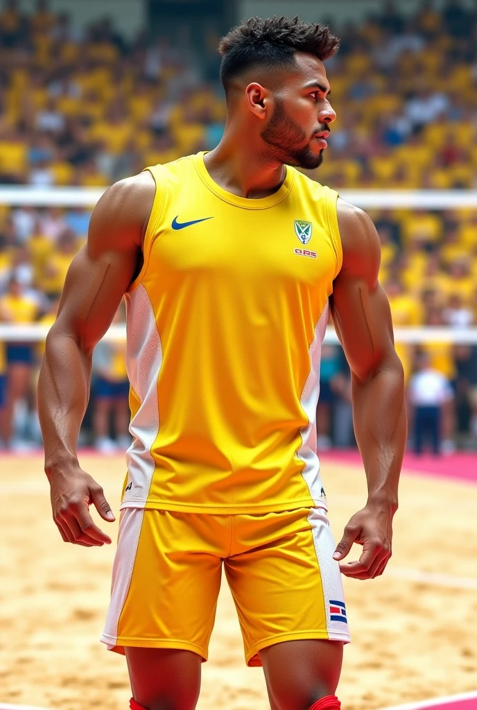Muscular bodybuilder Brazilian in the Paris 2024 Olympics, for muscular men, tight super thin waist