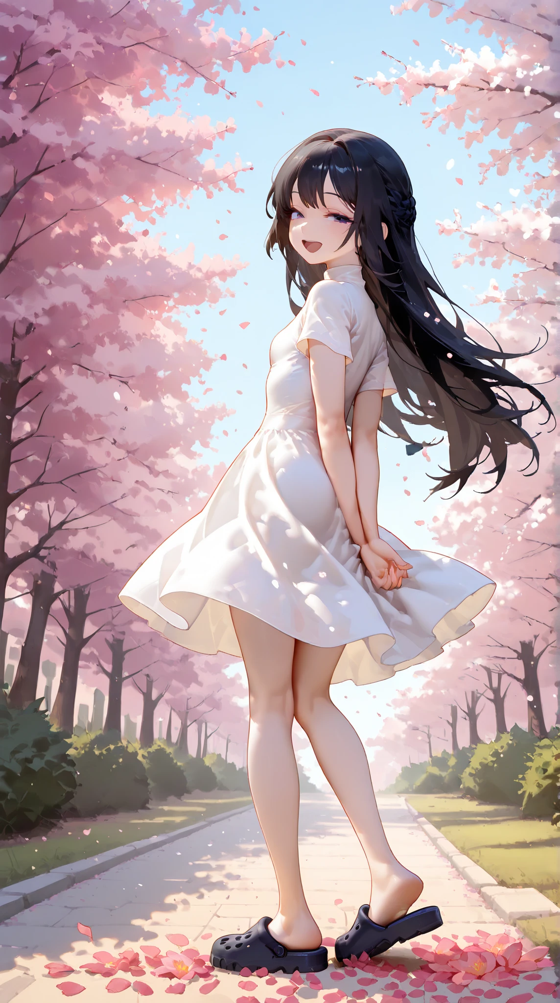 UHD, Super Detailed, High Quality, Best Quality, Masterpiece, detailed background, High Resolution, Anatomically Correct, 1girl, petite,skinny. A 14-years-old junior high school girl facing viewer with a smile, pony, long black hair, she wear a white turtleneck sun dress, short sleeves, and crocs shoe. she standing on one leg at garden of sakura flowers within the cherry blossom trees, pink flower petals blown by the wind, the ground is filled by flower petals, looking back, happy, half-closed eyes, open mouth smile, she seems carefree and joyfull, she hold her arms with behind her back while lifting one of her feet and lean on side, the shot was taken from a distance where it also captures the scenery dramaticly, Wide Shot, F/1.2, head level, dramatic pose