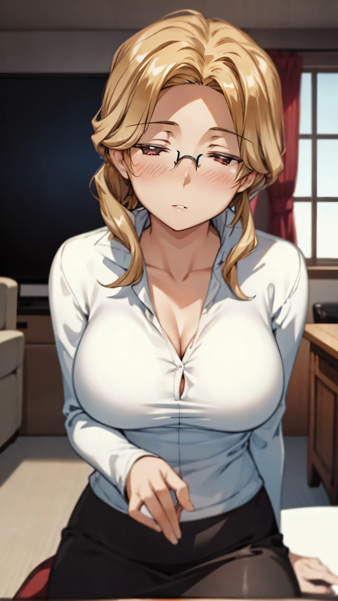 masterpiece, best quality, 1girl, face portrait of a girl, white shirt, black skirt, pantyhose, glasses, messy hairbun, blonde hair, blue eyes, mad, professional clothing, cleavage, unbuttoned shirt, tired, pov, blushing, height difference, wooden floor, sitting, messy, eye bags, close up, nervous, close to camera, soft