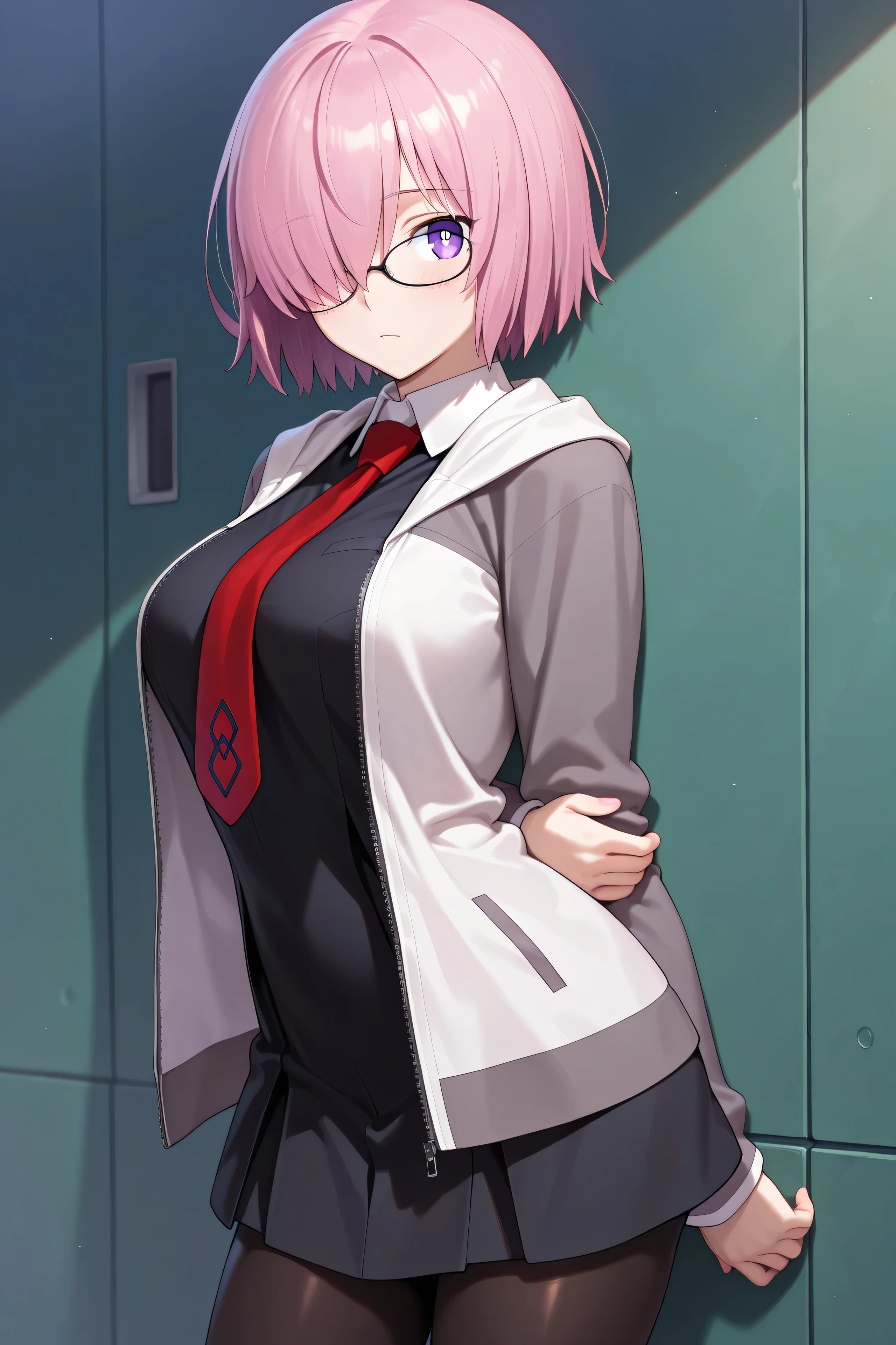 best quality, masterpiece, 1girl, aamash, short hair, pink hair, hair over one eye, glasses, purple eyes, red necktie, collared dress, black dress, jacket, open jacket, long sleeves, black pantyhose,