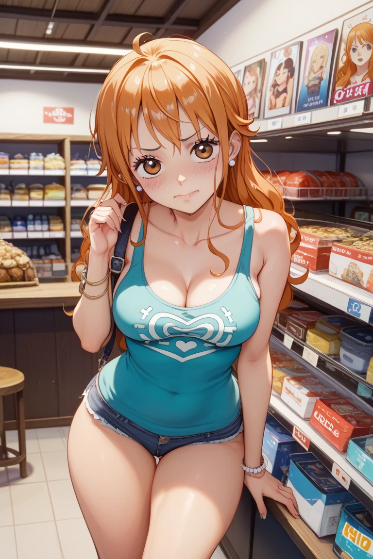 Kousaka honoka, blue eyes,pink bikini, standing in supermarket , from behind,ass, smile, ahoge, exposed ass