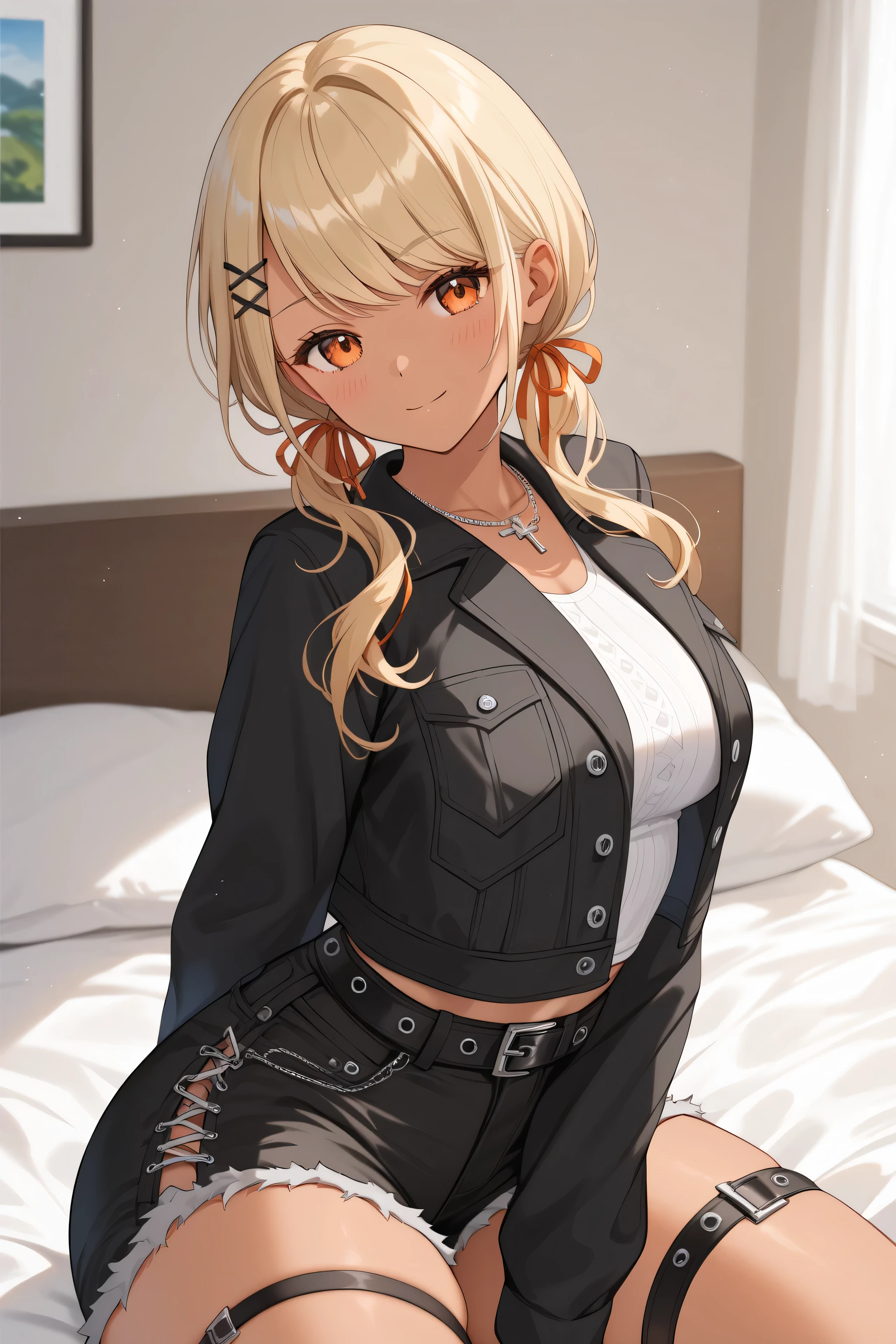 master piece、Best Quality,Super detailed,High resolution,score_9, score_8_up, score_7_up, score_6_up, score_5_up, score_4_up, QpiCas, orange eyes, dark skin, blonde hair, long hair, swept bangs, low twintails, x hair ornament, black hair ribbon, necklace, white tank top, cross-laced clothes, black jacket, cropped jacket, long sleeves, midriff, black belt, black shorts, thigh strap,professional quality、big hip、medium breasts,nsfw,bed room,nsfw,thick thighs,wide hips,NSFW,big butt,Official Art,mature female