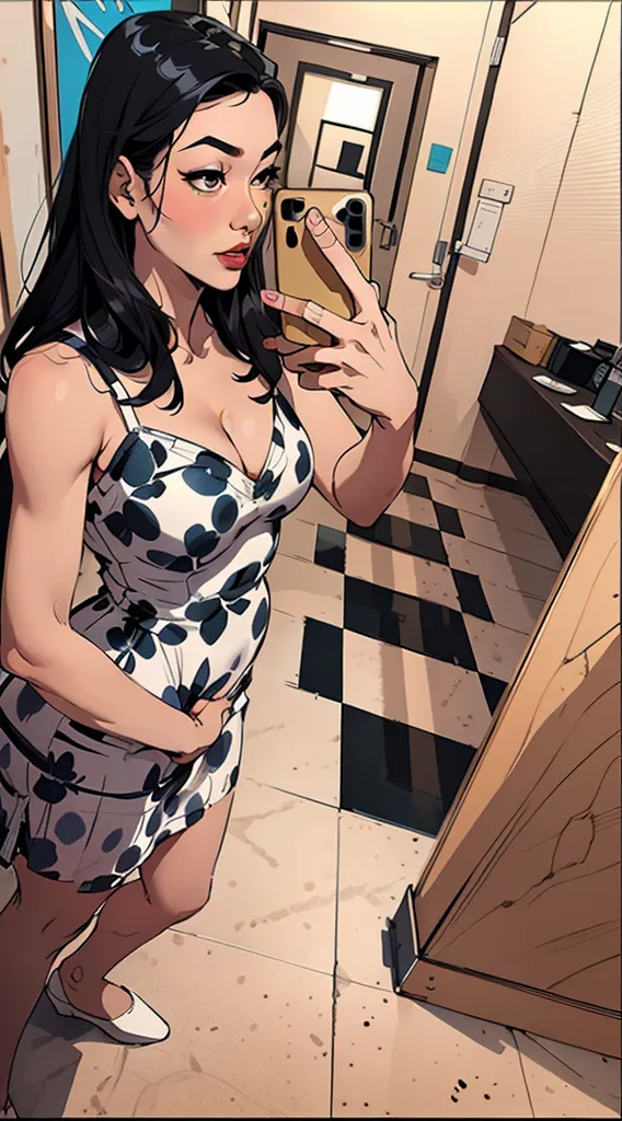 a young woman sitting on the bed wearing a backless blue short dress, eyes closed, lips parted, blushing intensely, ready to kiss