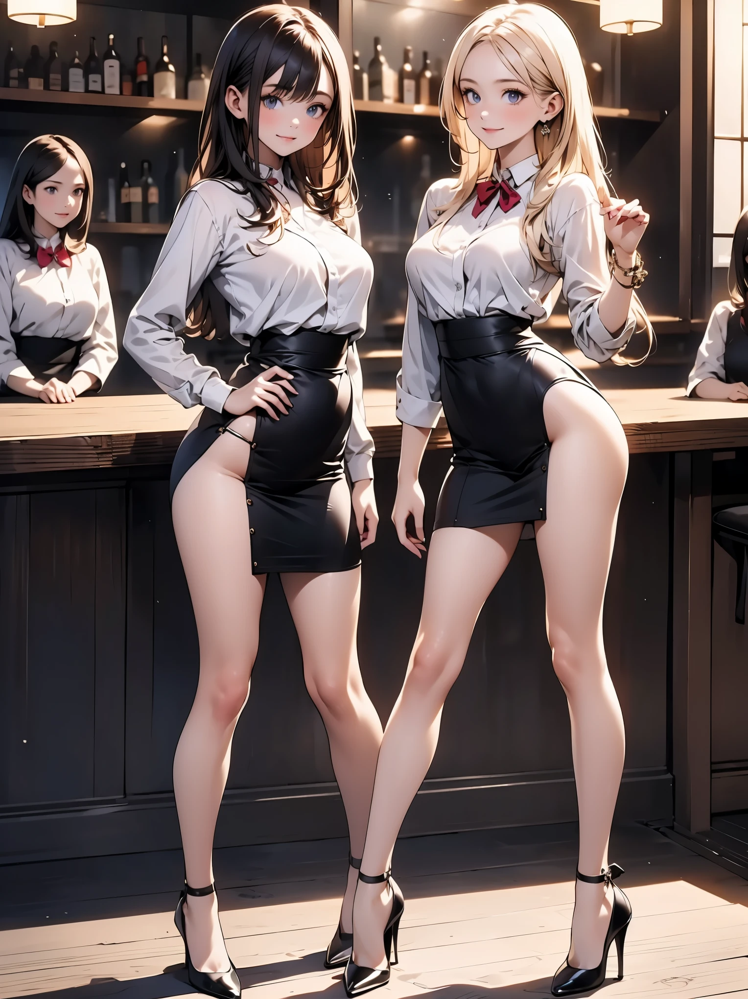 (masterpiece:1.3),(best quality, highest quality),((Full Body Shot,Including face)),2girls,4K,masterpiece,((Focus on the face)),((Symmetrical facial features)),Beautiful woman,(Slender),((High heels)),Detailed depiction of the face, Cafe clerk ,In front of the bar counter,profile,Slenderな女性,Cafe uniform,Age 25,smile