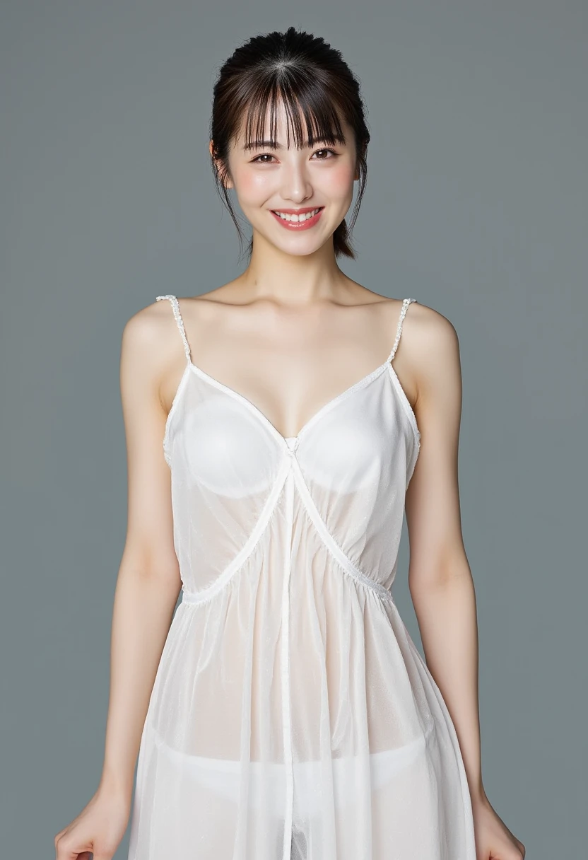 ((1 girl)), Very beautiful Japanese idol portraits, (RAW Photos, Highest quality), (Realistic, Realistic:1.4), (masterpiece), Very delicate and beautiful, Very detailed, 2k wallpaper, wonderful, finely, Very detailed CG Unity 8K 壁紙, Very detailed, High resolution, Soft Light, Beautiful detailed girl, Very detailed目と顔, Beautiful and detailed nose, finelyて美しい目, Cinema Lighting, (Simple light color background:1.3), (Long Hair), (Parted bangs), Complete Anatomy, Slender body, Small breasts, smile, ((Full body shot)), ((banker)), (White chemise),(Panty lines),Sexy pose,Vibrant,((secretary)),Slender,Long legs,(White long slip skirt),(race),